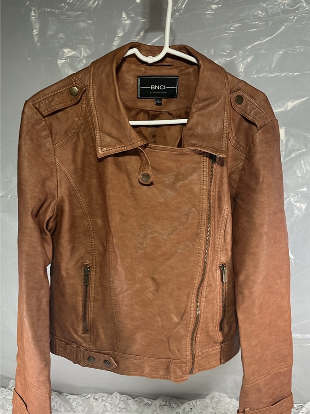 blanc noir Cognac Faux Leather Moto Jacket
